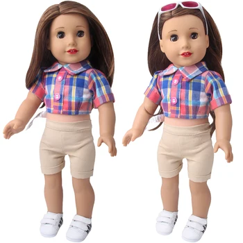 18 Инча Американската Кукла В Дрехи За Момичета Синьо Каре Ежедневни Панталони Костюм За Новородени Играчки Аксесоари, Подходящи 43 См Момче Кукли Подарък D17
