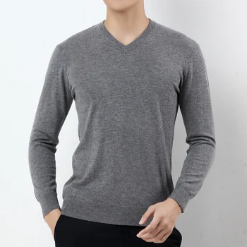 2020 Нов Мъжки Пуловер С V-образно деколте, Тънка Вязаный Пуловер От 100% мериносова Вълна, Модерен Монофонични Висококачествен Зимен Тънък Пуловер