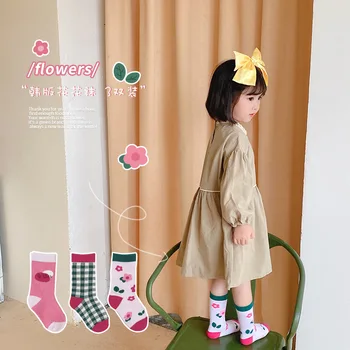 2021 Есенно-зимни детски чорапи, 3 чифта Чорапи за малки момичета, сладки бебешки, памучни чорапи, с цветна рамка и решетка в корейски стил