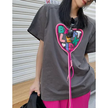 2022 Лятна Нова тениска Love, Корейската Версия на дамски Памучни тениски с Къс ръкав, Дамски Горещо Момиче, Облечена в Топ