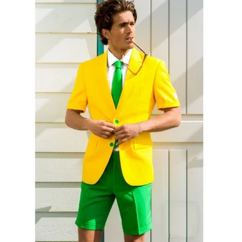 2022 Нов Модерен Дизайн, жълти и зелени Летни Модни Мъжки Костюми с Къси Панталони за Сватбени Смокингов, Мъжки Плажен Блейзър от 2 теми