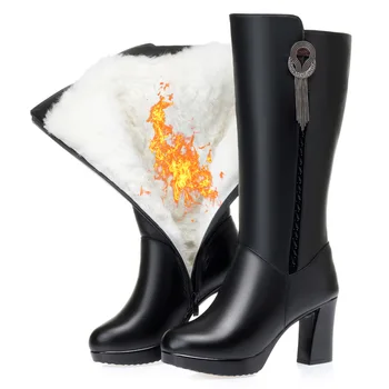 2022 г., Новите Модни Обувки от естествена кожа с пискюли и кристали, Топли плюшени Вълнени ботуши, Зимни обувки, Обувки на висок ток, Полусапожки, Дамски обувки