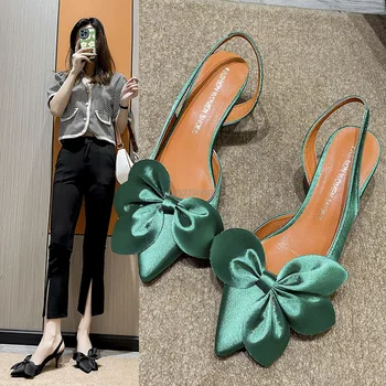 2022 г. с Нова Дамски обувки с остри пръсти, малки Обувки с Телесен цвят, Оранжеви Обувки с лък токчета и джапанки отзад дамски Сандали Zapatos Mujer