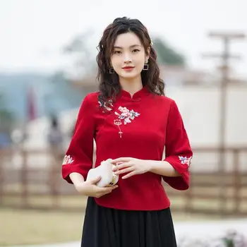 2022 нов китайски стил hanfu блуза дамска елегантна реколта бродерия на средния ръкав памучен бельо блуза qi pao ретро hanfu a59