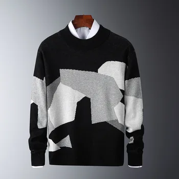 2023 Мъжки Есенно-зимни дрехи, Нов Дебел Пуловер с кръгло деколте, Младежки Квадратен Пуловер в Тон, Всекидневни Пуловер