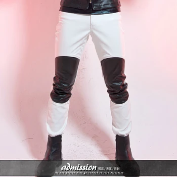27-44! 2017 Плюс размера на мъжкия Костюм мотоциклет тънък черно-бял мъжки директен лоскутные кожени панталони с певицата танцови панталони