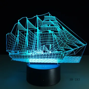 3D Ретро Древен Ветроходство Морска Лодка Кораб Led Лампа В Китайски Стил Многоцветен Илюзия RGB лека нощ USB Настолен Декор AW -183