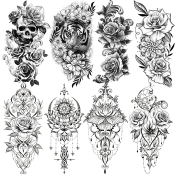 3D Розата е Цветето на Черепа Тигър Временни Татуировки За Жени Възрастен Лотос Луната Висулка Пеперуда Фалшива Татуировка на Ръката на Бедрото Пере Татуировки