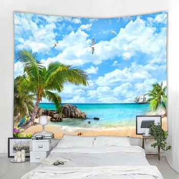 3D-маритим кокосова палма пейзаж декоративен гоблен Бохемски Арт деко одеяло завеси, висящи в спалнята и хола