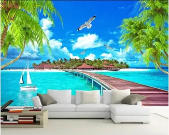 3d стенописи тапети за хола Мальдивский плаж кокосова палма пейзаж на фона начало декор снимка тапети за стени d 3