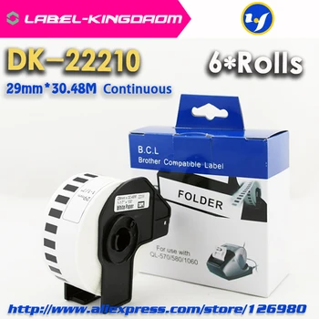 6 ролки универсални етикети DK-22210 29 мм * 30,48 м Непрекъснат съвместим принтер Brother QL-570/700 идва с пластмасов държач