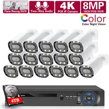8MP POE Система за Видеонаблюдение Комплект 4K 16CH AI Разпознаване на Лица NVR IP Камера Цвят за Нощно Виждане ВИДЕОНАБЛЮДЕНИЕ Видеонаблюдение NVR Комплект