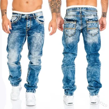 9019 Европейските и американските Модни Ежедневни Мъжки Дънкови Панталони с права тръба в стил хип-хоп, Отворени мъжки дънки