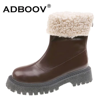 ADBOOV/Нови Зимни Обувки с кожа подплата, Дамски Обувки Мартенс от Изкуствена кожа, дамски Ботильоны с цип Отзад