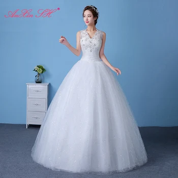AnXin SH Корейското луксозно бельо бяла сватбена рокля на принцеса с цветя модел, винтажное сватбена рокля с v-образно деколте, украшенное перли и кристали, червено дантелено сватбена рокля