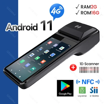 Android11 Преносим ПОС PDA Терминал WIFI 4G NFC Bluetooth 2 + 16 GB Мобилен Сензорен POS 58 мм Принтер Поддръжка на Google Play Loyverse