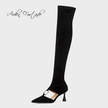 Arden Фуртадо/2021 г., модни дамски обувки, елегантни ботуши на висок ток с остър пръсти, червени, бели, ботуши над коляното, 42 43