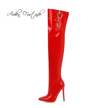Arden Фуртадо/модни дамски обувки; зимни елегантни дамски ботуши на висок Ток с остър пръсти и висок ток; червени, бели Ботуши над коляното