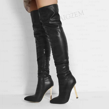 BERZIMER/ Дамски ботуши над коляното, плисе, с остри пръсти, с цип отстрани, 11-12 см, на висок метален ток, дамски обувки-големи Размери 42 46