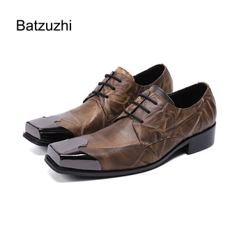 Batzuzhi/кафяви кожени модела мъжки обувки, ръчно изработени; мъжки обувки с квадратни пръсти, дантела; официалната бизнес обувки; мъжки Zapatos Hombre, EU38-46