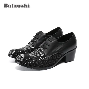 Batzuzhi/официални кожени модела обувки на висок ток 6,5 см, бизнес кожени обувки с дантела, мъжки обувки за партита, Zapatos Hombre!