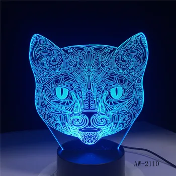Big Face Cat 3D Иллюзионная Лампа USB Led Сензорен екран Сензор за Светлина В 7 Цвята Дистанционно Управление Led Настолна Лампа Luminaria Night Light AW-2110