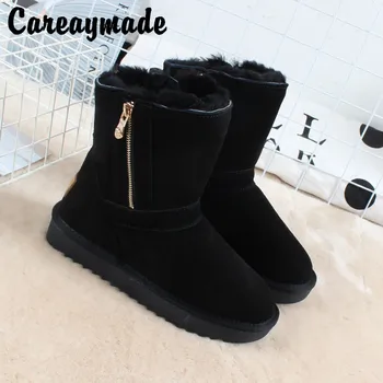 Careaymade -Зимни нови зимни обувки със страничен цип, женски зимните обувки със средна дължина от телешка кожа, вълнени топли памучни обувки на плоска подметка