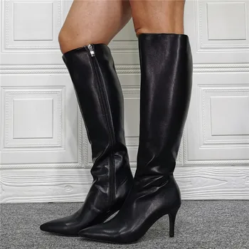 Chaussures femme/ черни кожени дамски официални ботуши до бедрото, с високи токчета, ботфорты над коляното с цип с остри пръсти, дълги, тънки ботфорты, зимни
