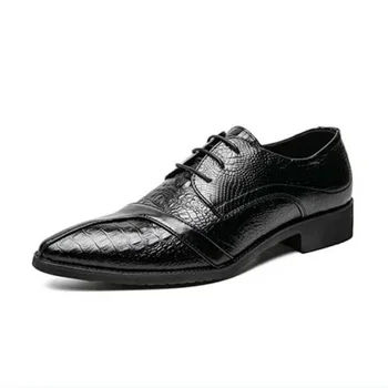 DAFENP/ мъжки класически кожени обувки в бизнес стил в британския стил, мъжки модел обувки дантела с остри пръсти, офис обувки на плоска подметка, мъжки сватбени и вечерни