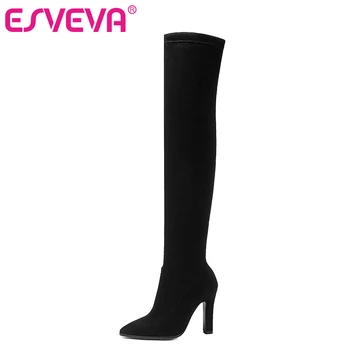 ESVEVA/ 2020 г., дамски ботуши, ботуши над коляното от еластична тъкан, есенна обувки с остри пръсти, дамски ботуши на тънък висок ток, размер 34-43