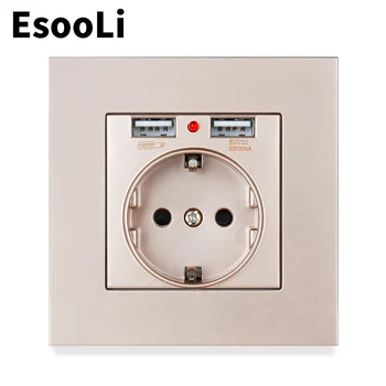 EsooLi Стенно Зарядно Устройство Адаптер Dual USB Порт За Зареждане на 5 2.1 A Led Индикатор 16A ЕС Изход Изход PC Панел
