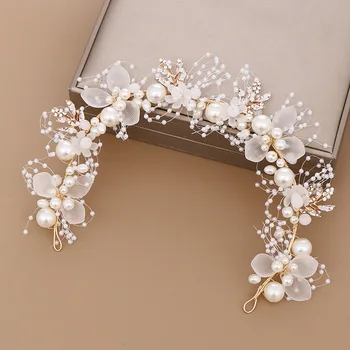 FD001 Нов дизайн перлена флоральная сватба лента за коса с ръчно изработени листа златната превръзка на главата украса за коса за булката