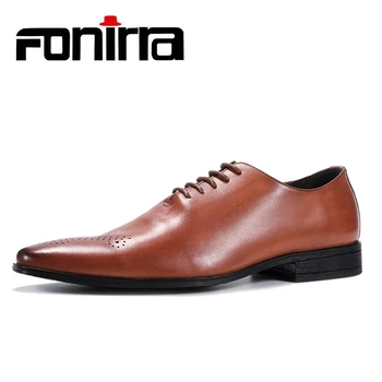 FONIRRA/Новост 2019 г.; мъжки бизнес вечер на модела обувки-Oxfords; мъжки кожени обувки в британския стил Дантела с остри пръсти, на равна подметка с ниско берцем; 412