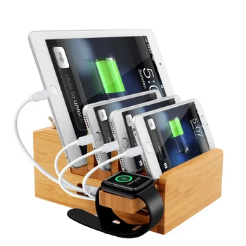 ICozzier Бамбук 5-Портов Бързо USB зарядно устройство, Зарядно устройство, Настолен Органайзер/Титуляр за Часа, Телефон, iPad, Организатор на Няколко Устройства