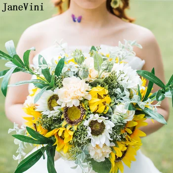 JaneVini Ретро Изкуствен Букет с Подсолнухом за Булката Жълти Цветя Сватба Фалшив Букет от Ръчно изработени de Mariage 2022