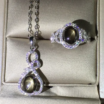 KJJEAXCMY бутик за бижута Момичета стил 925 сребро с инкрустирани естествени звезден сапфир комплект продава на едро, определени на едро пръстен, висулка