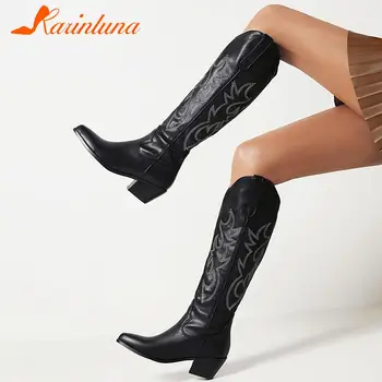 Karinluna/новост 2021 г.; дамски черни ботуши; модни обикновена обувки без обков с остри пръсти и бродерии; дамски обувки до средата на прасците на квадратен ток