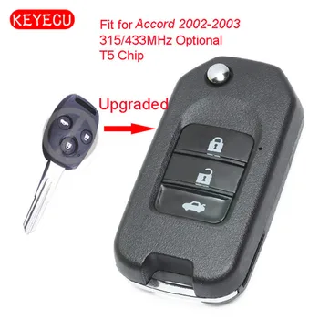Keyecu Обновен Флип Дистанционно Кола Ключодържател 315 Mhz/433 Mhz Допълнителен чип T5 3 Бутона за Honda Accord 2002-2003