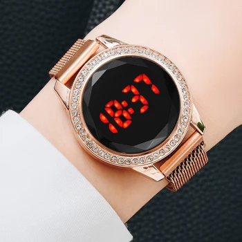 Mode 2020 Magnetische Frauen Uhren Rose Diamant touch screen Mesh-Armband Elektronische Armbanduhren Minimalist Weiblich Uhr