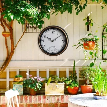 NHBR Стенен Часовник и Термометър Класически Дизайн за външна и вътрешна употреба с по-Голям Размер, Подходящ за Градина, Кухня, Баня и 12 Инча