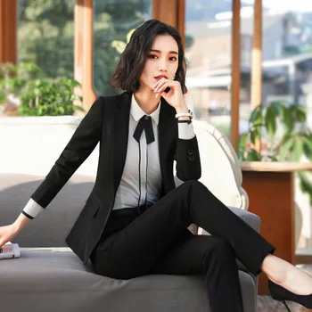 S-4XL плюс размери, дамски професионална деловата жена официалната дрехи на рецепцията, черно яке, тесни панталони, комплект от 2 теми, новост 2022 г.