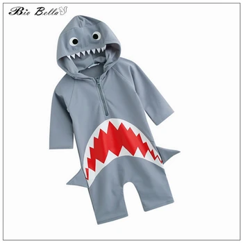Shark Catoon/ Детски Бански костюм с качулка За Момчета, Дълъг Ръкав, Плажен Бански За Малки Момчета 1-6 години, Дрехи за игри във Водата, Затворена дрехи За Момчета