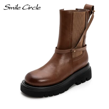 Smile Circle/Къси Ботуши Челси От волска кожа, Дамски Обувки На Платформа, Модно Бижу В Дебела подметка, Удобни Дамски Обувки