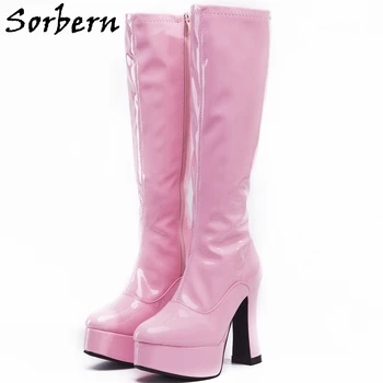 Sorbern/Модни Дамски ботуши до коляното на блок обувки, обувки на платформа с тесни крака и масивен ток, индивидуална Широка кацане по пищяла Или приталенная кацане