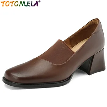 TOTOMELA/Новост 2023 г.; дамски обувки от естествена кожа в ретро стил на средно квадратен ток; прости Офис дамски пролетни обувки-лодка без закопчалка