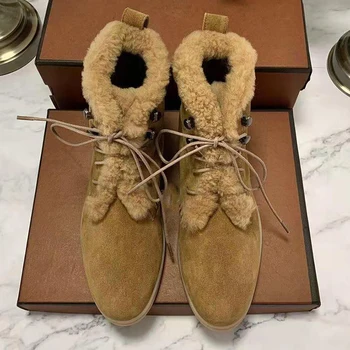 Vallu зимни топли ежедневни универсални обувки от естествена вълна върху плоска подметка, изискани и елегантни дамски обувки дантела