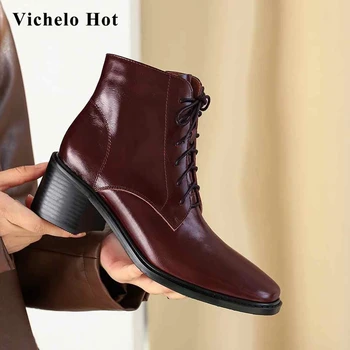 Vichelo/ хит на продажбите, улични модерен зимни обувки от естествена кожа с появата на шнур, квадратен чорап, дебел висок ток, ботильоны с цип за зрели години, L3f2