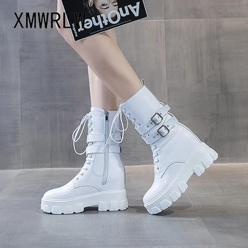 XMWRL/дамски обувки Martin; колекция 2021 г.; сезон есен-зима; дамски обувки на платформа със скрити ток; Модни обувки с катарама, обувки от спилка до средата на прасците