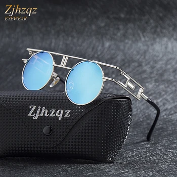 ZJHZQZ Дамски Маркови и Дизайнерски Кръгли Мъжки Готически Слънчеви очила Vintage слънчеви Очила Качествени Метални Поляризирани Слънчеви Очила В Стил Steampunk