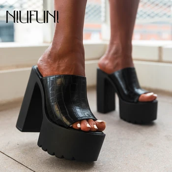 ZOOKERLIN/ Черни, бели дамски чехли на висок дебел ток 14 см и платформа, прости Летни Джапанки, Размер 35-41, Однотонная обувки с отворени пръсти